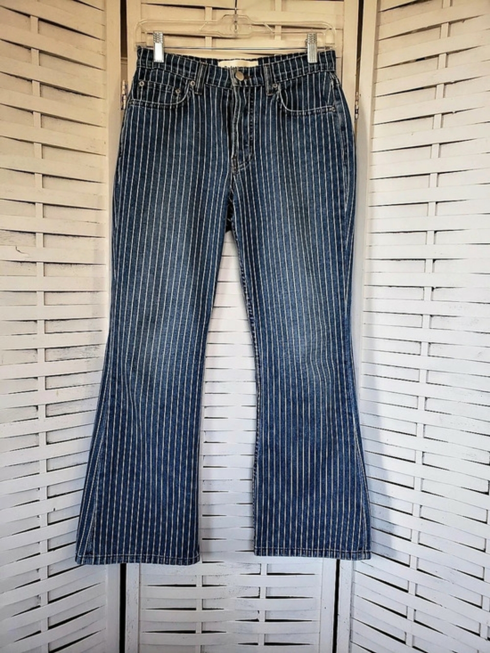 Reformation Georgia Pinstripe High Rise Flare Jeans Blue Size 25